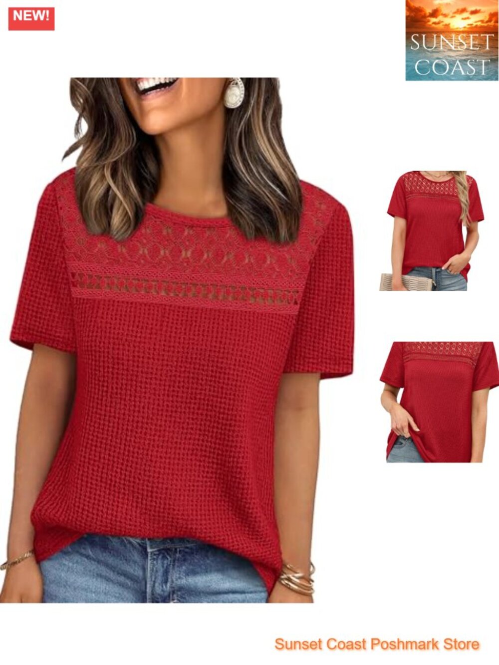 Womens Boho Crochet Lace Waffle Knit Short Sleeve Blouse Top